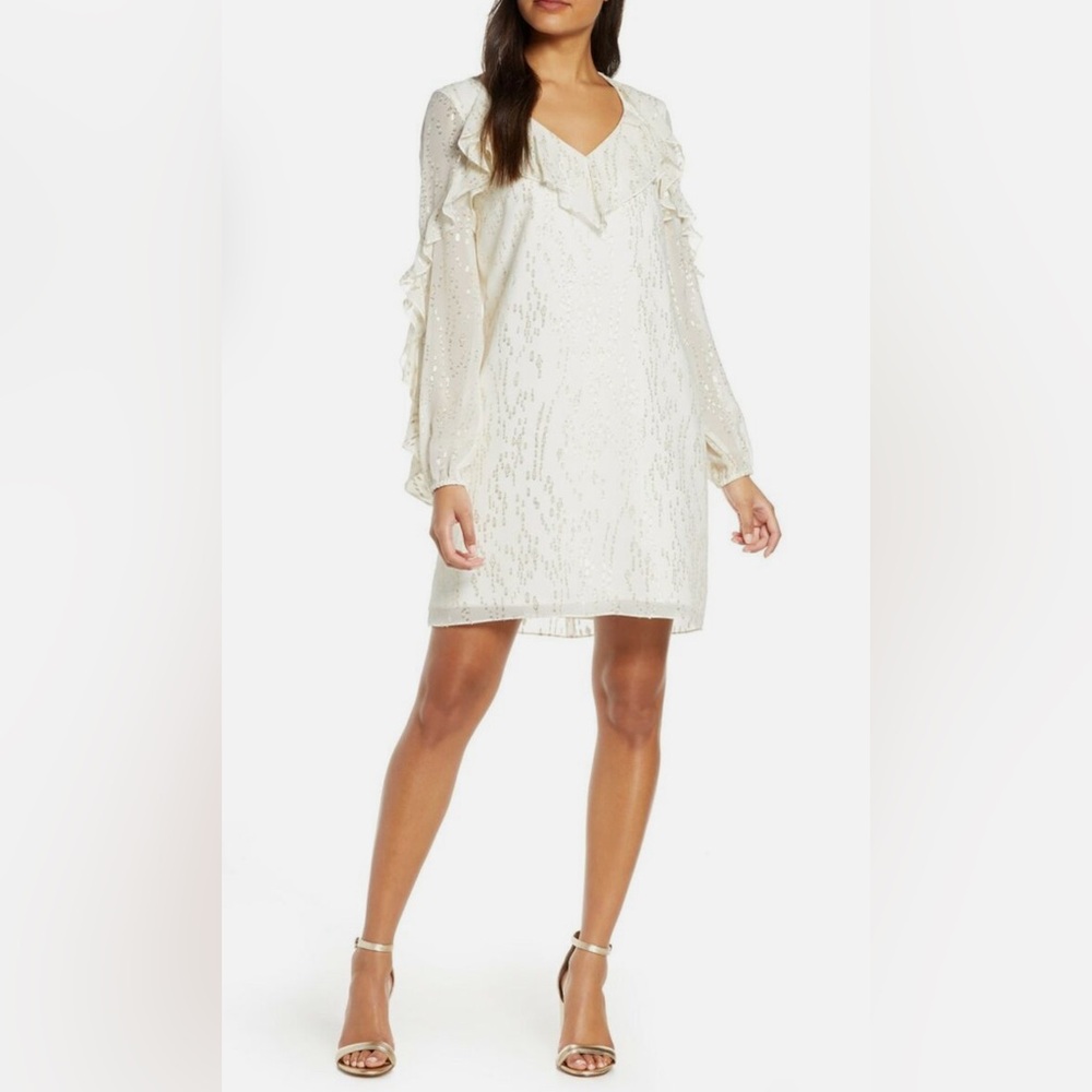 LILLY PULITZER | Belle Flounce Coconut Fish Clip Chiffon silk dress gold size 2